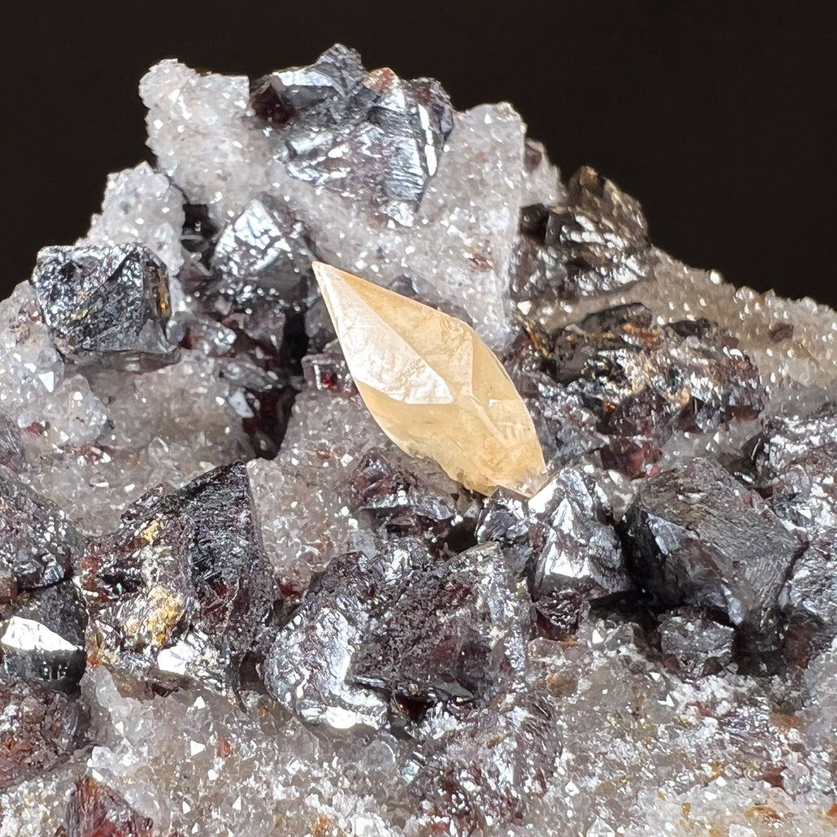 Stellar Beam Orange Calcite Crystal on Sphalerite and Drusy Quartz