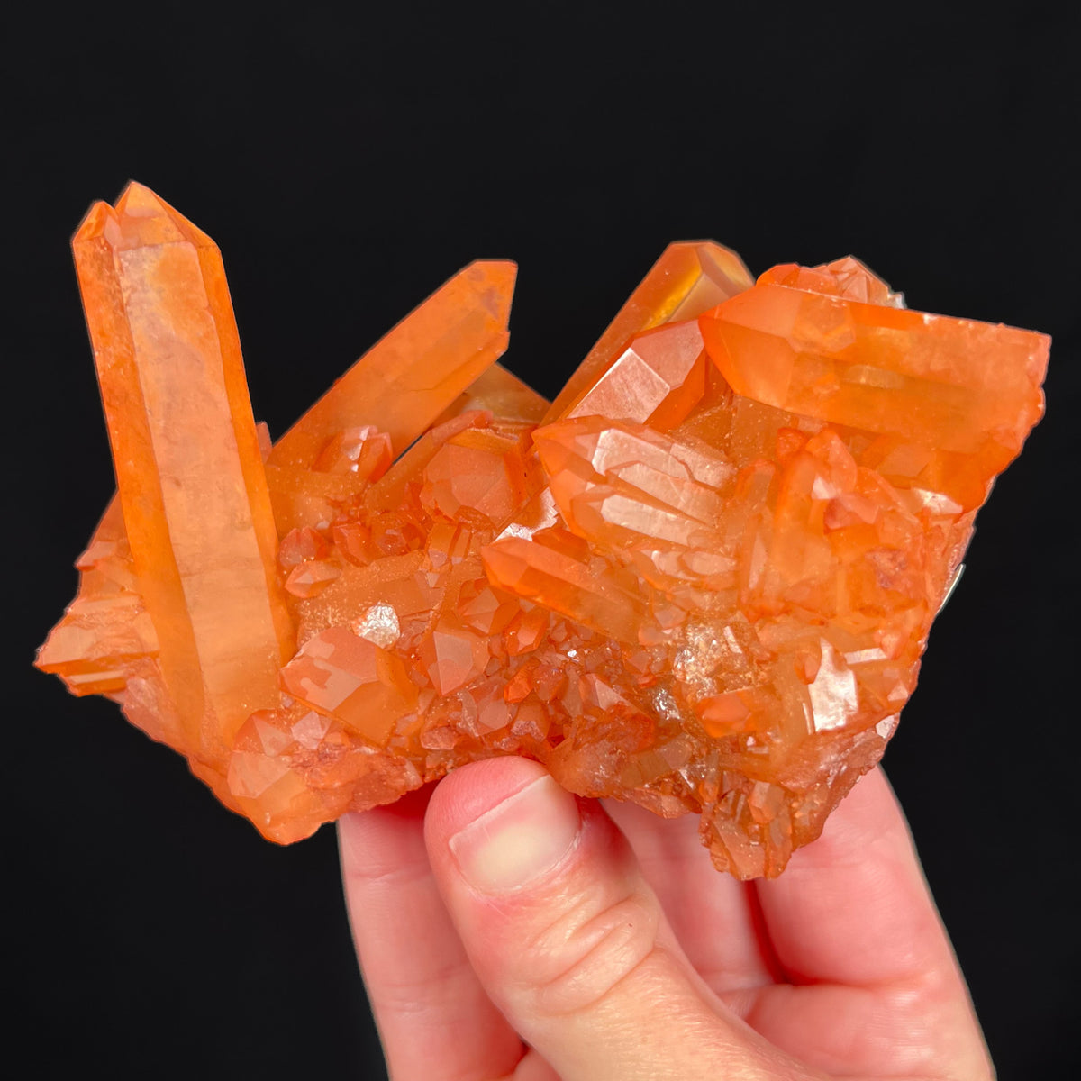 Orange iron-coated Quartz crystals from Brazil