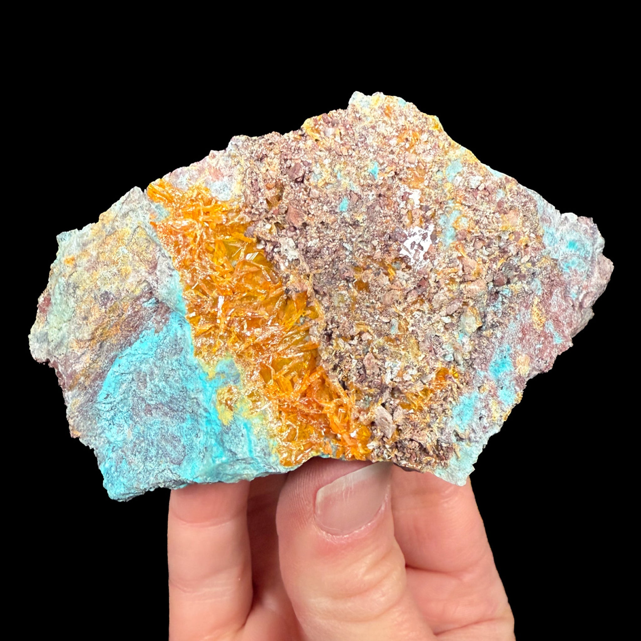 Orange Wulfenite crystals with blue Chrysocolla from Arizona