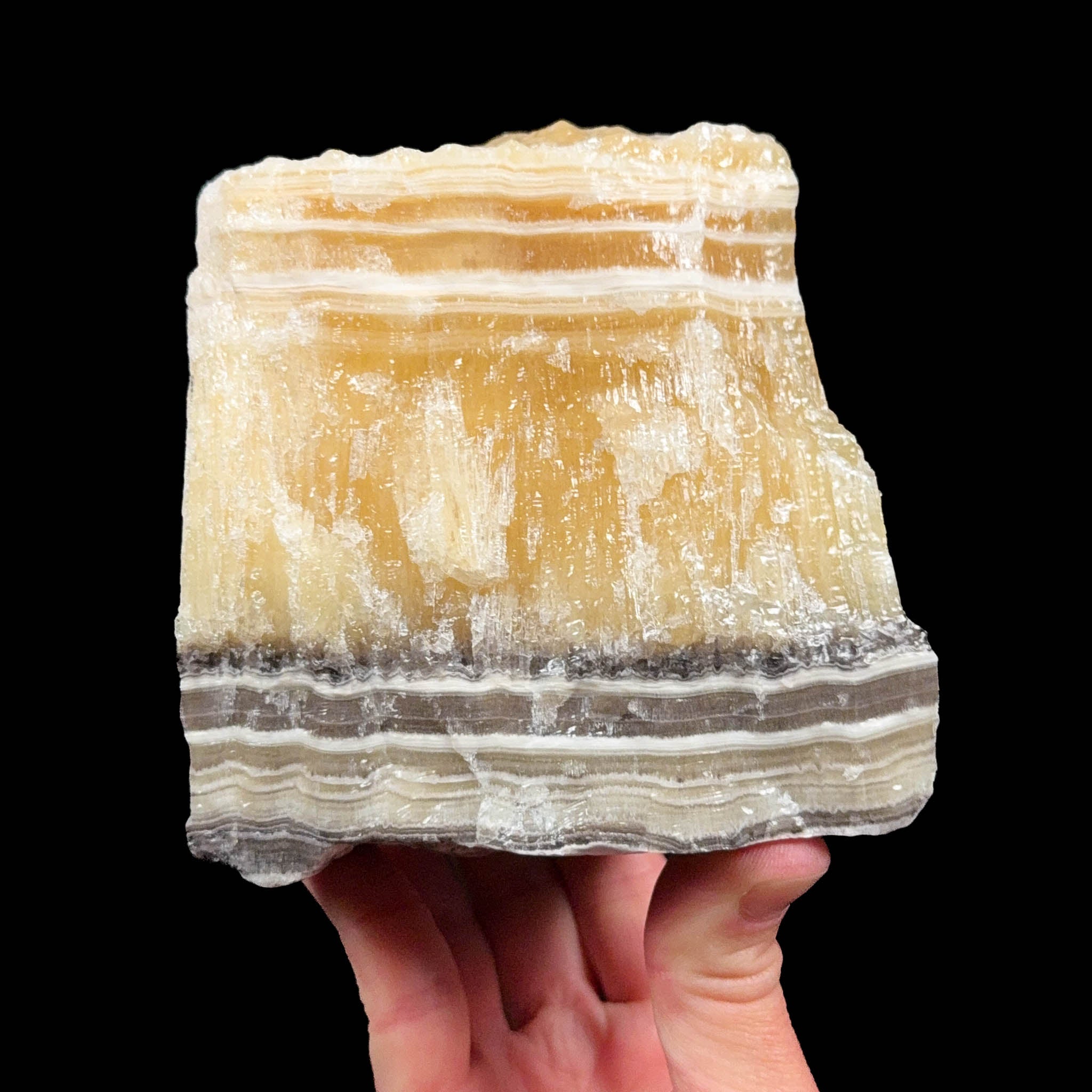 Golden yellow calcite with black and white zebra calcite stone from Mexico
