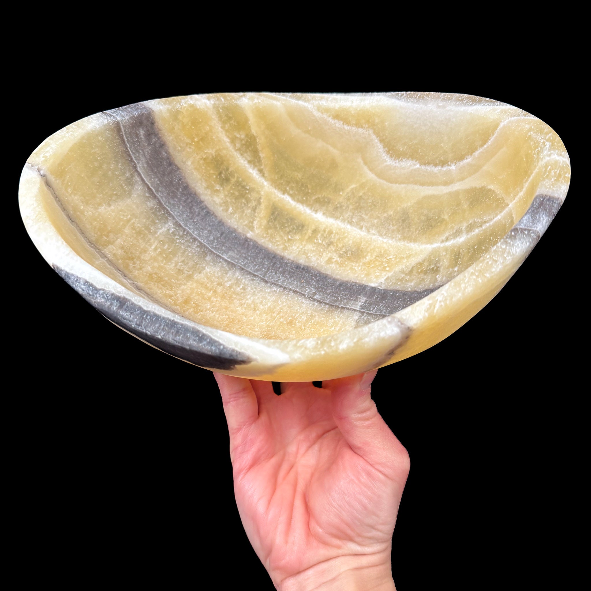 Zebra calcite and golden yellow calcite polished stone bowl