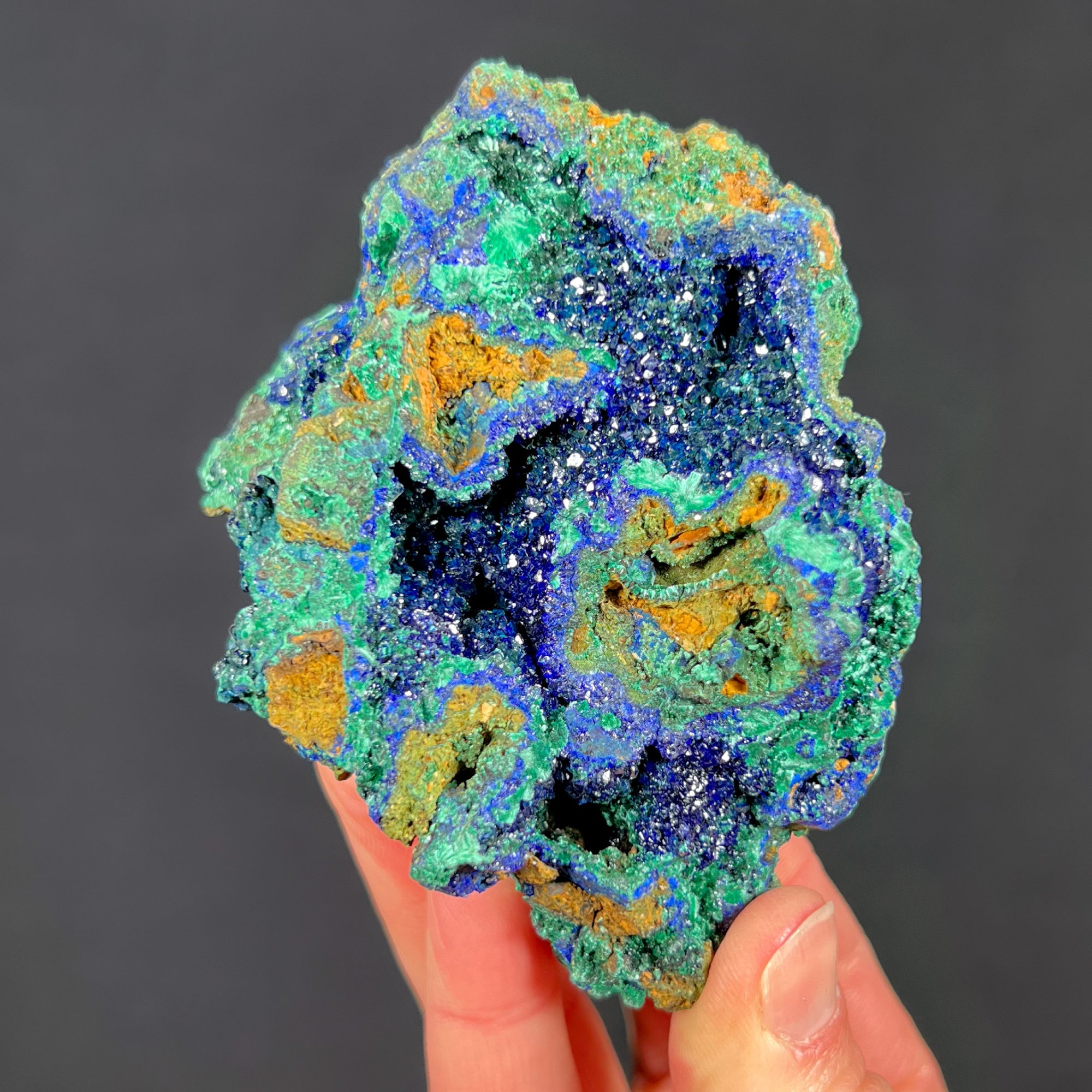 Blue Azurite Crystal Geode with Green Malachite
