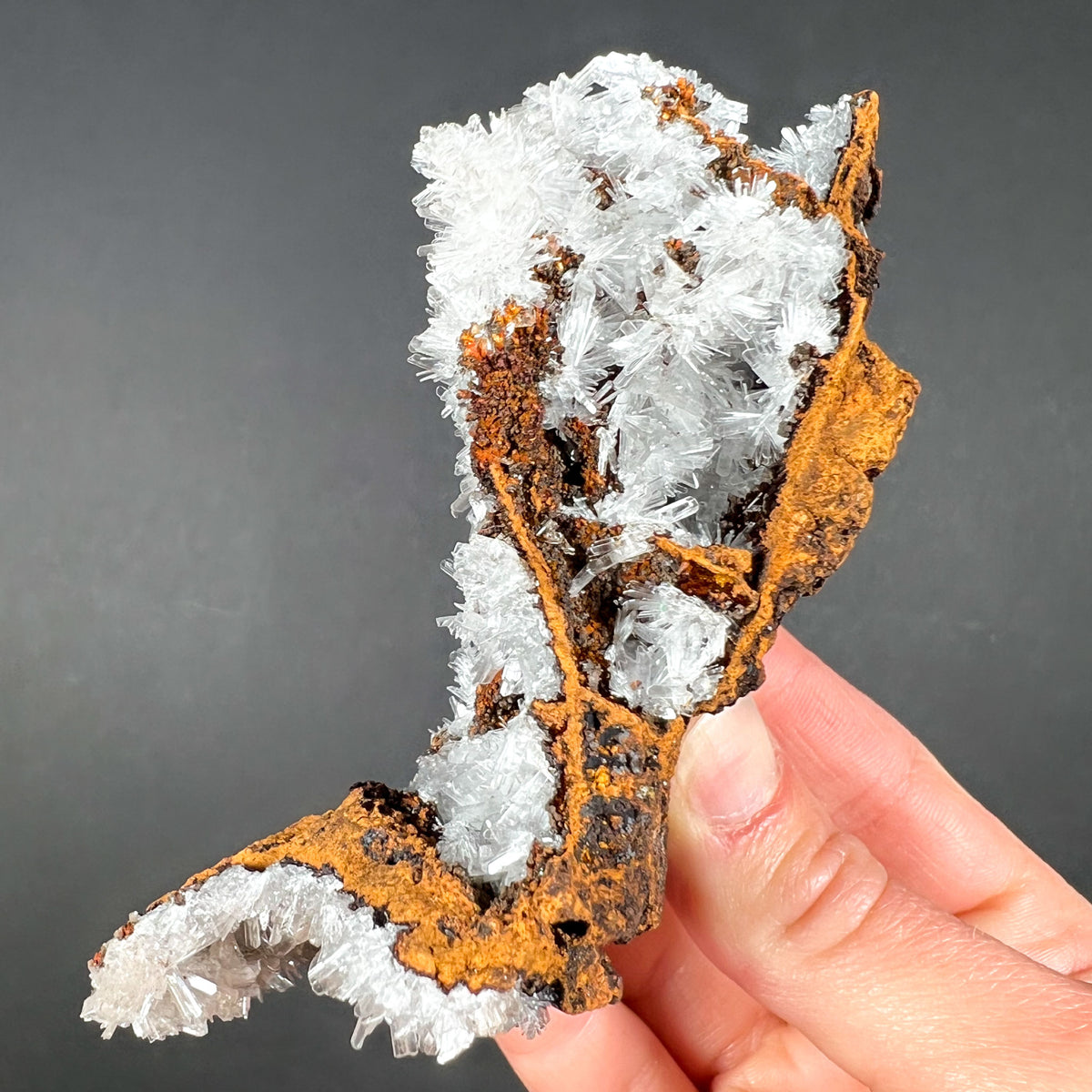 White Hemimorphite Crystals on Orange Limonite