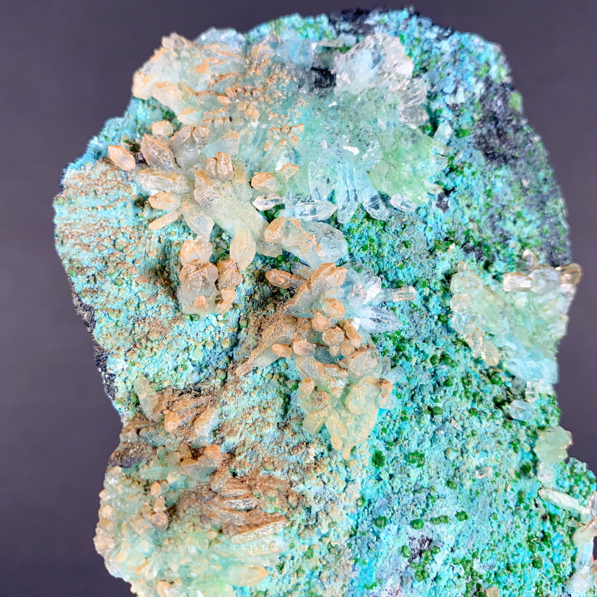 Clear Quartz on Teal Chrysocolla Crystals