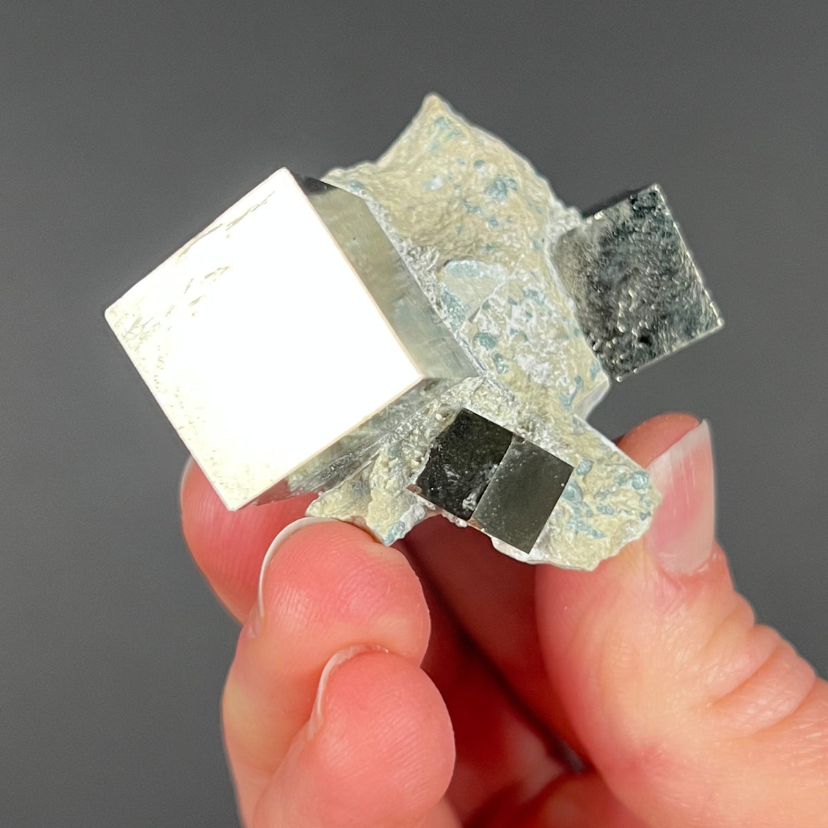 Three Cubes of Pyrite on Matrix
