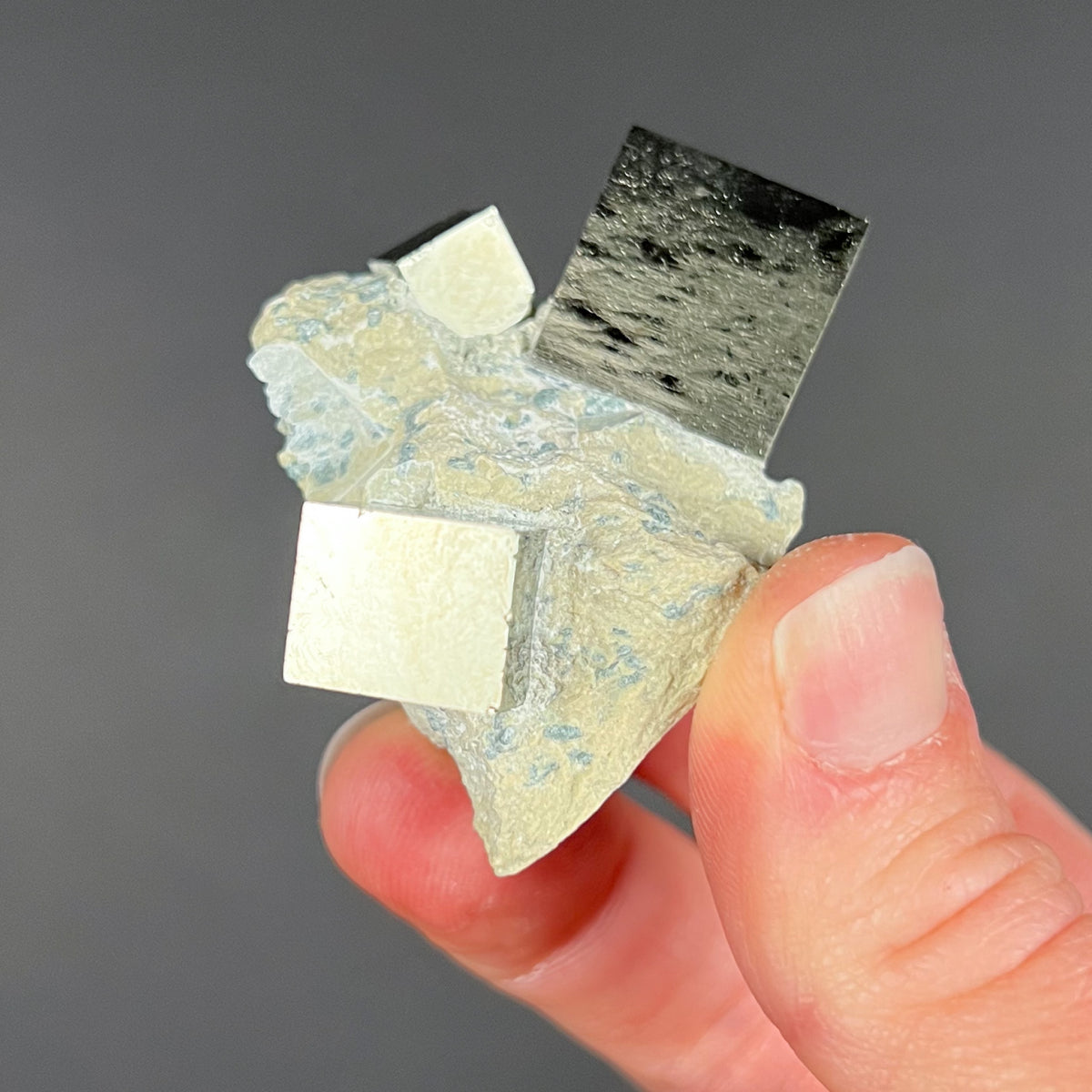 Three Cubes of Pyrite on Marl from Spain