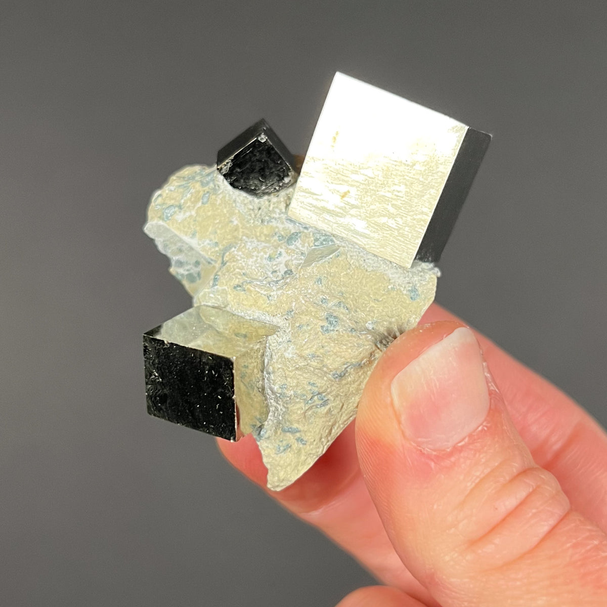 Three Pyrite Crystal Cubes on Matrix from Spain